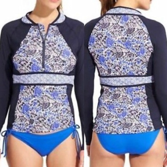 Athleta Tops - Athleta Floral Indigo Shores Zip Rashguard Top XXS